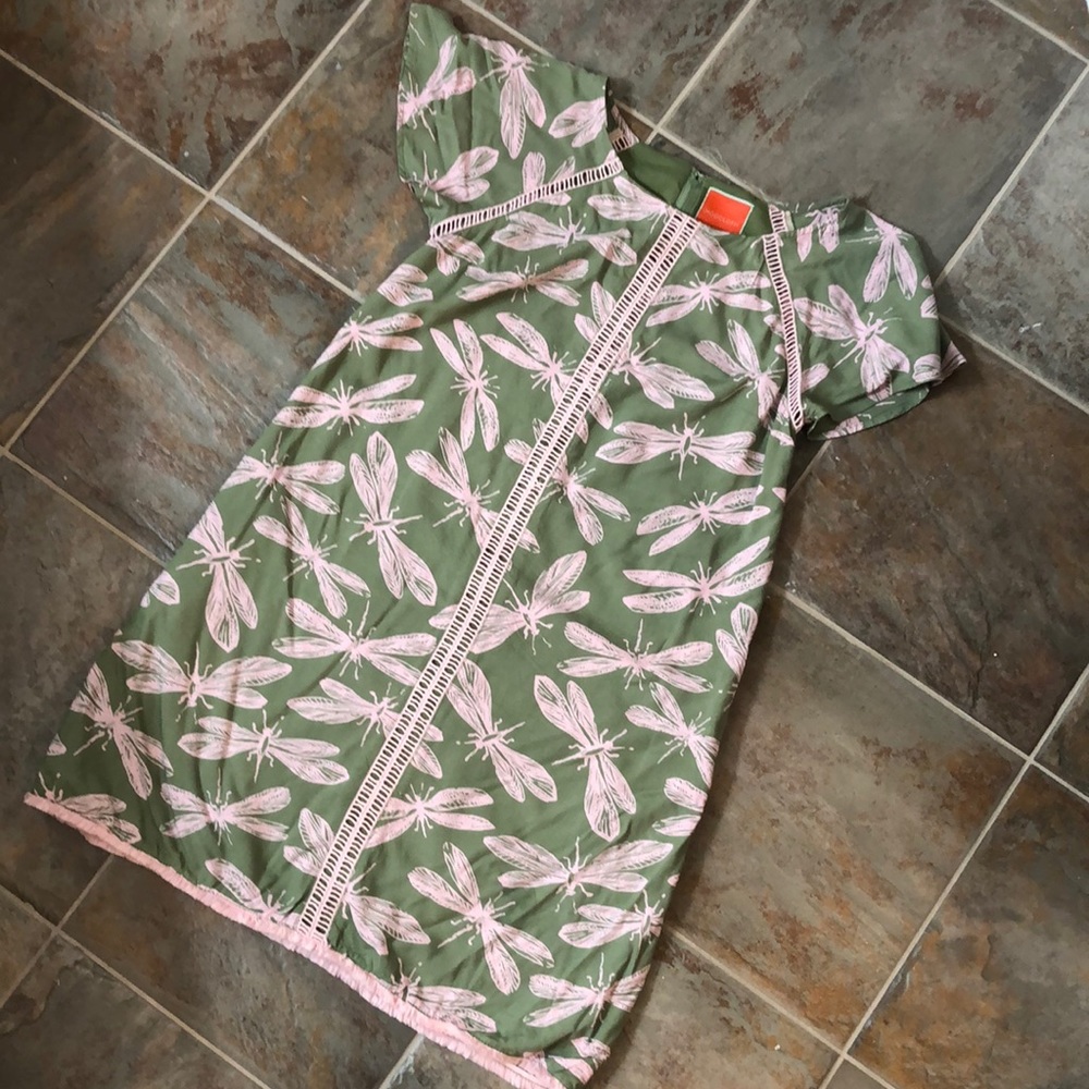 ModCloth dragonfly green/pink shift dress size M